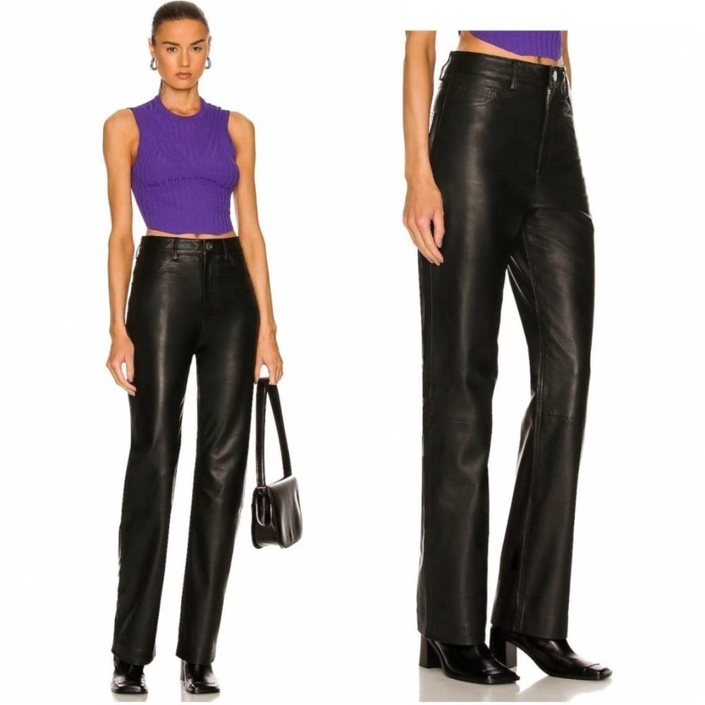 Remain Straight Leg Pull-On Cow Leather Lynn Pants Black Women's Size 36 NWT
